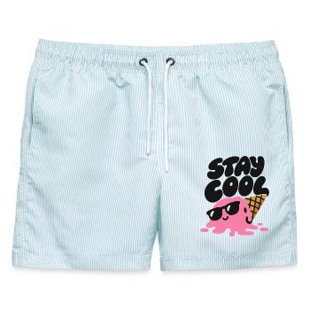Stay Cool – Eiscreme mit Sonnenbrille - Männer Badeshorts - hellblau gestreift - Vorne - AI Model Male 178 light (178cm)