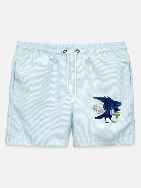 Blauer Rabe und Rosen - Männer Badeshorts - hellblau gestreift