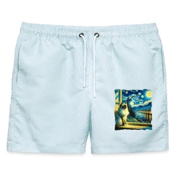 Birma Katze Starry Night - Männer Badeshorts - hellblau gestreift - Vorne - AI Model Male 178 light (178cm)