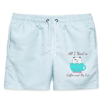 Alles, was ich brauche: Kaffee und Katze - Männer Badeshorts - hellblau gestreift - Vorne - AI Model Male 178 light (178cm)
