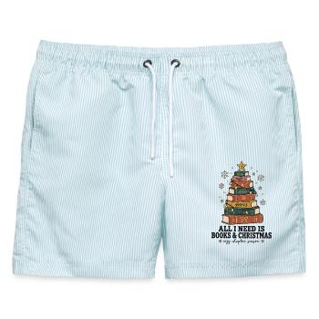 All I Need Is Books & Christmas – Lesemotiv - Männer Badeshorts - hellblau gestreift - Vorne - AI Model Male 178 light (178cm)