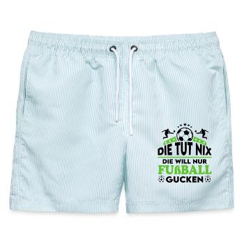 Die tut nix Die will Fußball gucken Sprüche Frau - Männer Badeshorts - hellblau gestreift - Vorne - AI Model Male 178 light (178cm)