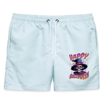 Happy Halloween Skull Witch Skelett Hexe - Männer Badeshorts - hellblau gestreift - Vorne - AI Model Male 178 light (178cm)