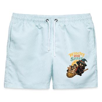 Halloween Hexenkatze Witchy Dog Sitter mit - Männer Badeshorts - hellblau gestreift - Vorne - AI Model Male 178 light (178cm)