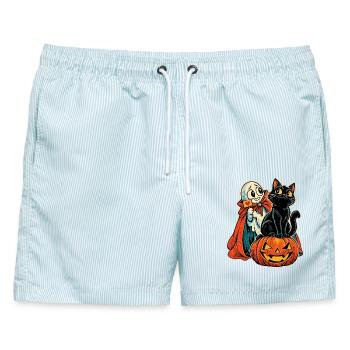 Halloween Katze auf Kürbis mit schüchternem - Männer Badeshorts - hellblau gestreift - Vorne - AI Model Male 178 light (178cm)