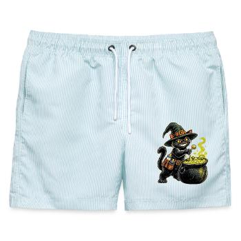 Halloween Hexenkatze werdender Papa mit Kessel - Männer Badeshorts - hellblau gestreift - Vorne - AI Model Male 178 light (178cm)