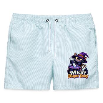 Witchy Diaper Duty Hexenkatze Halloween Papa - Männer Badeshorts - hellblau gestreift - Vorne - AI Model Male 178 light (178cm)