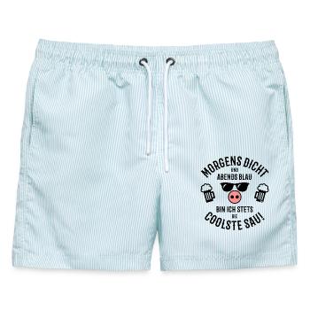 Morgens Dicht – Abends Blau – Stets Coolste Sau - Männer Badeshorts - hellblau gestreift - Vorne - AI Model Male 178 light (178cm)