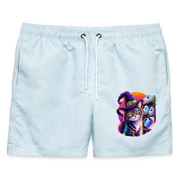 Halloween Katze mit Hexenhut und kippendem Objekt - Männer Badeshorts - hellblau gestreift - Vorne - AI Model Male 178 light (178cm)