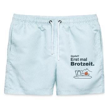 Gipfel? Erst mal Brotzeit – Wandern - Männer Badeshorts - hellblau gestreift - Vorne - AI Model Male 178 light (178cm)