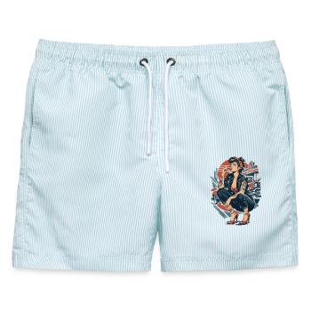 Rockabilly Pin-Up Girl: Rebellin mit Kirsche - Männer Badeshorts - hellblau gestreift - Vorne - AI Model Male 178 light (178cm)