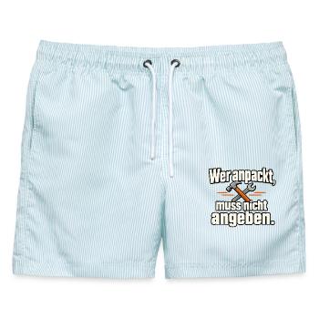 Wer anpackt, muss nicht angeben. – Lustiger Handwe - Männer Badeshorts - hellblau gestreift - Vorne - AI Model Male 178 light (178cm)