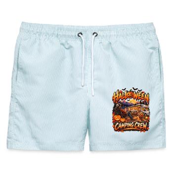Halloween Camping Crew Motiv - Männer Badeshorts - hellblau gestreift - Vorne - AI Model Male 178 light (178cm)