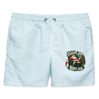 Baum an Kopf aus – Weihnachtsmann im Sessel - Männer Badeshorts - hellblau gestreift - Vorne - AI Model Male 178 light (178cm)