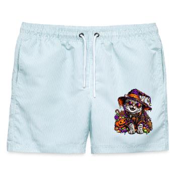 Bunte Halloween Hexenkatze mit Süßem - Männer Badeshorts - hellblau gestreift - Vorne - AI Model Male 178 light (178cm)
