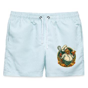 Thanksgiving-Truthahn mit Kürbiskuchen-Eskapade - Männer Badeshorts - hellblau gestreift - Vorne - AI Model Male 178 light (178cm)