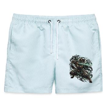 Samurai Cat Shadowfang – Epische Schatten Katze - Männer Badeshorts - hellblau gestreift - Vorne - AI Model Male 178 light (178cm)