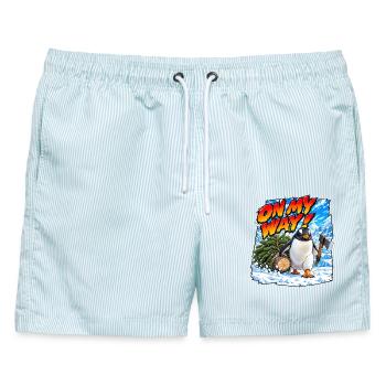 Bin unterwegs! Gentoo-Pinguin - Männer Badeshorts - hellblau gestreift - Vorne - AI Model Male 178 light (178cm)
