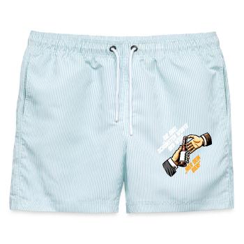 Die Drei schönsten Worte der Welt: Hier dein Bier - Männer Badeshorts - hellblau gestreift - Vorne - AI Model Male 178 light (178cm)
