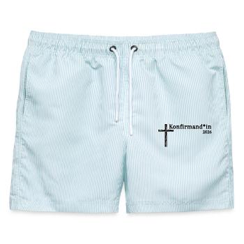 gendergerechte Konfirmation 2026 feiern Kreuz - Männer Badeshorts - hellblau gestreift - Vorne - AI Model Male 178 light (178cm)