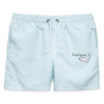 Konfirmation 2026 Konfirmand auffliegende Taube - Männer Badeshorts - hellblau gestreift - Vorne - AI Model Male 178 light (178cm)