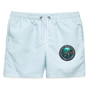 Unterwasser-Saurier im Steinring - Männer Badeshorts - hellblau gestreift - Vorne - AI Model Male 178 light (178cm)