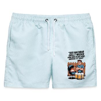 Grillwitz Biermotiv Nachbar Illustration - Männer Badeshorts - hellblau gestreift - Vorne - AI Model Male 178 light (178cm)