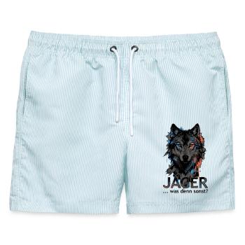 Jäger – Was denn sonst? - Männer Badeshorts - hellblau gestreift - Vorne - AI Model Male 178 light (178cm)