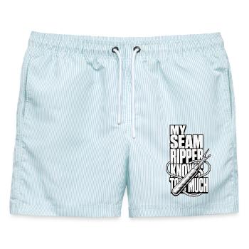 Nähen – My Seam Ripper Knows Too Much - Männer Badeshorts - hellblau gestreift - Vorne - AI Model Male 178 light (178cm)