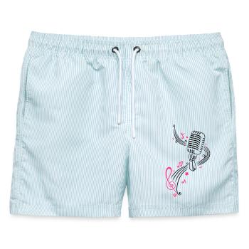 Mikrofon mit Musiknoten und Notenschlüssel - Männer Badeshorts - hellblau gestreift - Vorne - AI Model Male 178 light (178cm)