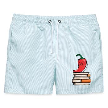 Hot Reads | Funny Chili BookTok Design - Männer Badeshorts - hellblau gestreift - Vorne - AI Model Male 178 light (178cm)