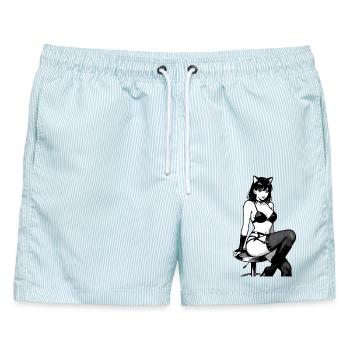 Sexy Anime Catgirl – Schwarz-Weiß Manga Style - Männer Badeshorts - hellblau gestreift - Vorne - AI Model Male 178 light (178cm)