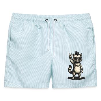 Rocker Katze Mit Irokesen Und Sonnenbrille - Männer Badeshorts - hellblau gestreift - Vorne - AI Model Male 178 light (178cm)