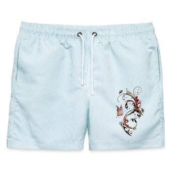 Blumenranke mit Schmetterling, rot und braun - Männer Badeshorts - hellblau gestreift - Vorne - AI Model Male 178 light (178cm)
