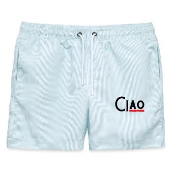 Ciao - Hey - Hallo - Hi - Na? - Bye - Männer Badeshorts - hellblau gestreift - Vorne - AI Model Male 178 light (178cm)