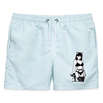 Sexy Neko Girl: Manga Katze in Schwarz-Weiß - Männer Badeshorts - hellblau gestreift - Vorne - AI Model Male 178 light (178cm)