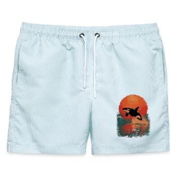 Orca Sprung im Sonnenuntergang - Männer Badeshorts - hellblau gestreift - Vorne - AI Model Male 178 light (178cm)