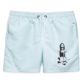 Monochrome Gitarristin-Skizze - Männer Badeshorts - hellblau gestreift - Vorne - AI Model Male 178 light (178cm)