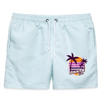 Sonnenuntergangspalmen – Sommerzeit - Männer Badeshorts - hellblau gestreift - Vorne - AI Model Male 178 light (178cm)