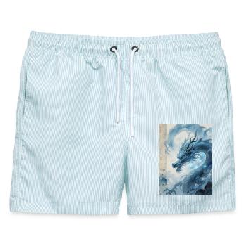 Der Meister der Flut: Blauer Drache – Wirbelwind - Männer Badeshorts - hellblau gestreift - Vorne - AI Model Male 178 light (178cm)