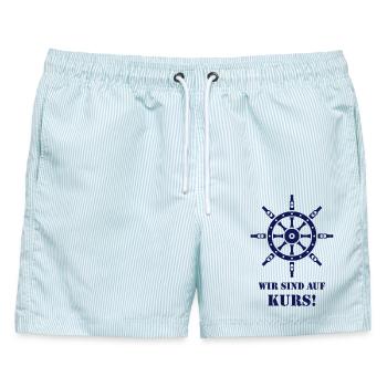 Wir Sind Auf Kurs! (Bier / Steuerrad / Navy) - Männer Badeshorts - hellblau gestreift - Vorne - AI Model Male 178 light (178cm)