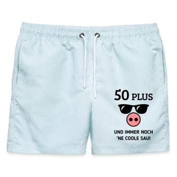 50 Plus Und Immer Noch ’Ne Coole Sau! (Geburtstag) - Männer Badeshorts - hellblau gestreift - Vorne - AI Model Male 178 light (178cm)