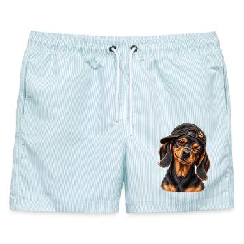 Frecher Dackel – Kleiner Charmeur - Männer Badeshorts - hellblau gestreift - Vorne - AI Model Male 178 light (178cm)
