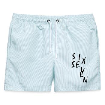 Six Seven Meme 67 - Männer Badeshorts - hellblau gestreift - Vorne - AI Model Male 178 light (178cm)