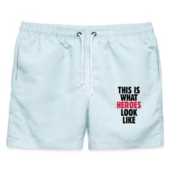 This is what heroes look like - Männer Badeshorts - hellblau gestreift - Vorne - AI Model Male 178 light (178cm)