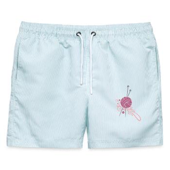 Stricken, Handarbeiten, Stricknadeln Wolle - Männer Badeshorts - hellblau gestreift - Vorne - AI Model Male 178 light (178cm)