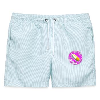 Humorvolle Pillen-Affirmation im Retro-Stil - Männer Badeshorts - hellblau gestreift - Vorne - AI Model Male 178 light (178cm)