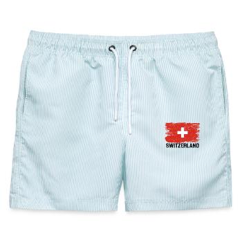Schweizer Flagge Bürstenkreuz - Männer Badeshorts - hellblau gestreift - Vorne - AI Model Male 178 light (178cm)
