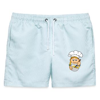 Blondes Mädchen backt v - Männer Badeshorts - hellblau gestreift - Vorne - AI Model Male 178 light (178cm)