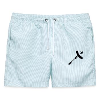 Wurst, Bratwurst auf einer Gabel zum Grillen - Männer Badeshorts - hellblau gestreift - Vorne - AI Model Male 178 light (178cm)